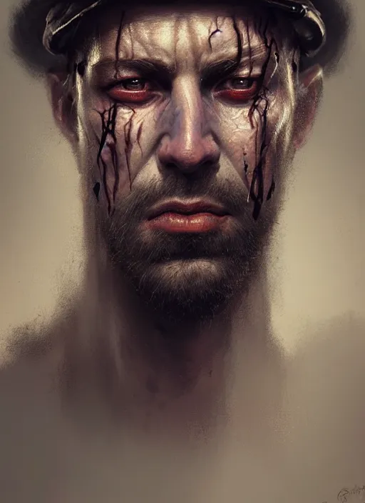 Prompt: portrait of a rugged man wearing a sailors cap, scarred face, victorian, concept art, detailed face, fantasy, close up face, highly detailed, cinematic lighting, digital art painting by greg rutkowski