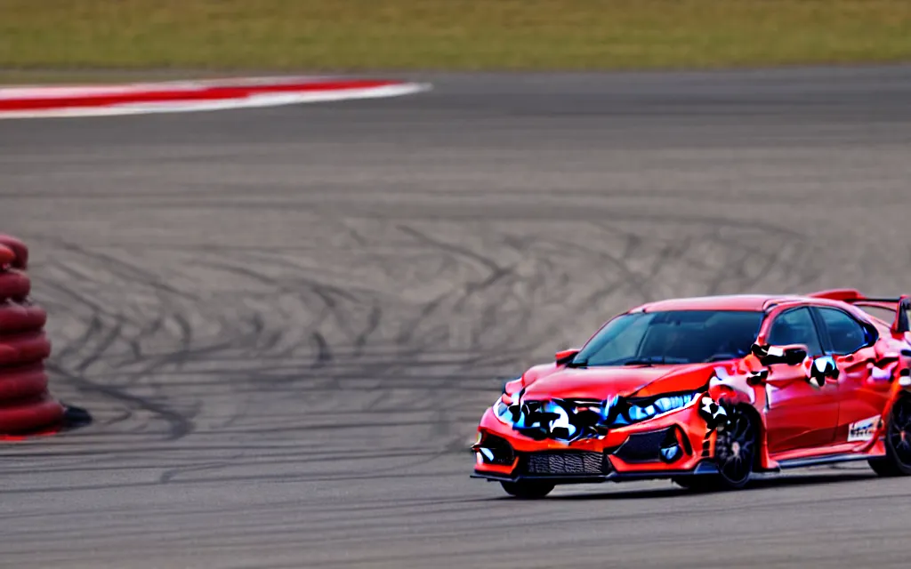 Prompt: digital photo of a Honda Civic Type-R racing on a track, closeup 3 quarter front view