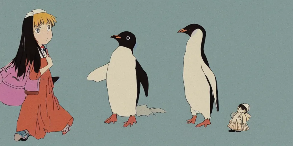 Image similar to a girl with a penguin on her shoulder, still from a studio ghibli film