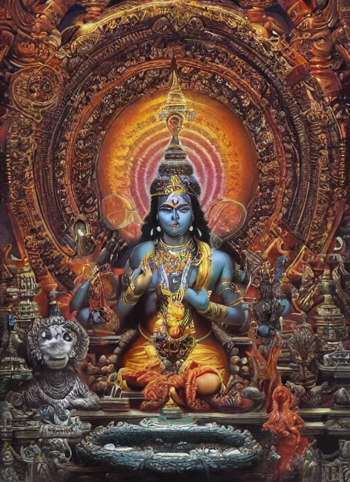 Image similar to highly detailed picture of cybertronic statue of shiva in a hindu temple, edge of the universe, perfectly symmetrical face, elegant, centered, digital painting, artstation, concept art, smooth, sharp focus, illustration, golden ratio, perfect symmetrical, intricate, by boris vallejo, masterpiece, book by gene wolfe, highly detailed painting by gustave dore