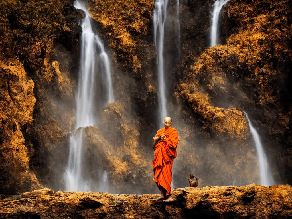 Image similar to dang ngo, annie leibovitz, steve mccurry, a simply breathtaking shot of mediating monk in orange, giantic waterfall, bright moonlight, golden ratio, wide shot, symmetrical