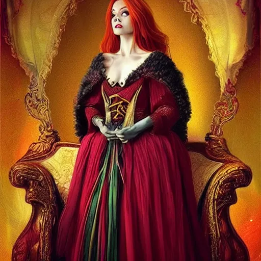 Prompt: Fantastic, fairytale, portrait, painting, beautiful!, female mage, long flowing red hair, light emitting from fingertips, ornate gown, smoldering, serious, royalty kingdom, royal court, hyperreal, photoreal