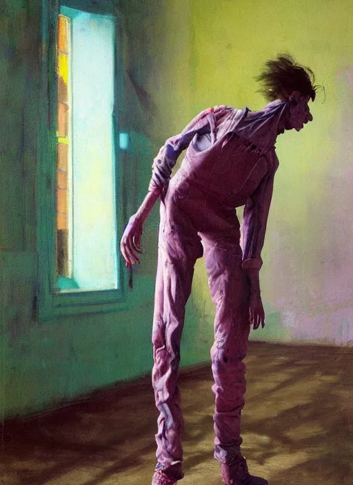 Image similar to an insane, skinny, artist wearing torn overalls, expressive emotions, inside a grand messy studio, depth of field, hauntingly surreal, highly detailed oil painting, by francis bacon, edward hopper, adrian ghenie, glenn brown, soft light 4 k in pink, green and blue colour palette, cinematic composition, high quality octane render, masterpiece