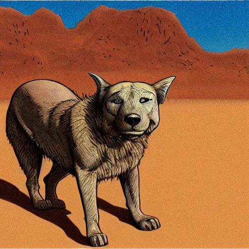 Prompt: wild hungry desert dog, standing in the atacama desert, evil looking, highly detailed, ron cobb, moebius, mike mignola, trending on art station, illustration, comic book