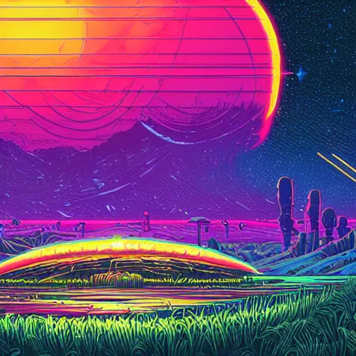 Image similar to gigantic alien mothership above a beautiful synthwave landscape, artwork by dan mumford and craig bruyn