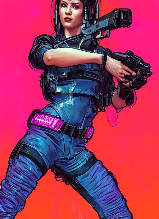 Image similar to cyberpunk woman wearing pink jumpsuit holding belt fed pistol. advertisement for pistol. cyberpunk ad poster by james gurney, azamat khairov, and alphonso mucha. artstationhq. painting with vivid color, cell shading. ( rb 6 s, cyberpunk 2 0 7 7 )