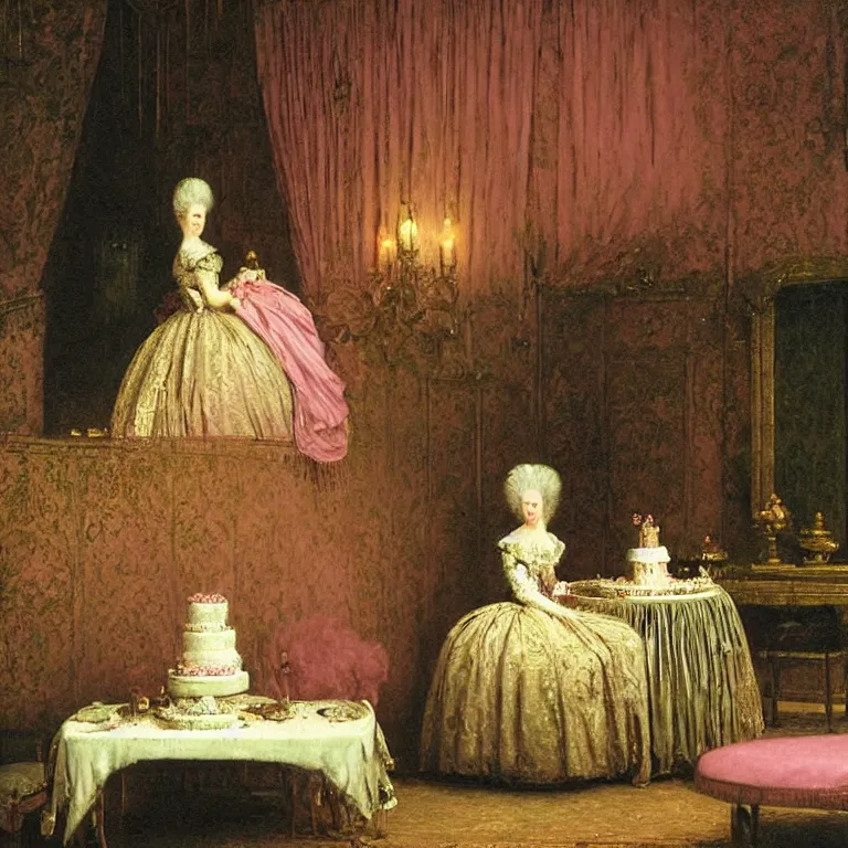 Image similar to Marie Antoinette cutting a pink cake. By Carl Gustav Carus, John Atkinson Grimshaw.