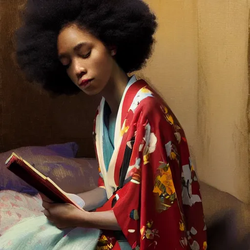 Image similar to girl with afro with a comb in it, in kimono, backview, sitting on edge of bed, reading a book, by jeremy lipking, tim rees, joseph todorovitch