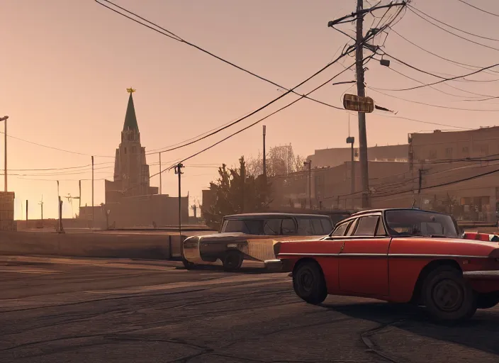 Prompt: hyperrealistic matte painting of gta game in soviet moscow, 1 9 6 0, playstation 5 screenshot, fine details, golden hour, beautiful rtx reflections, soviet suburbs, photorealistic, unreal engine 5, octane render, volumetric light, featured on cg society, 4 k, 5 0 mm bokeh, russian lada car, artstation