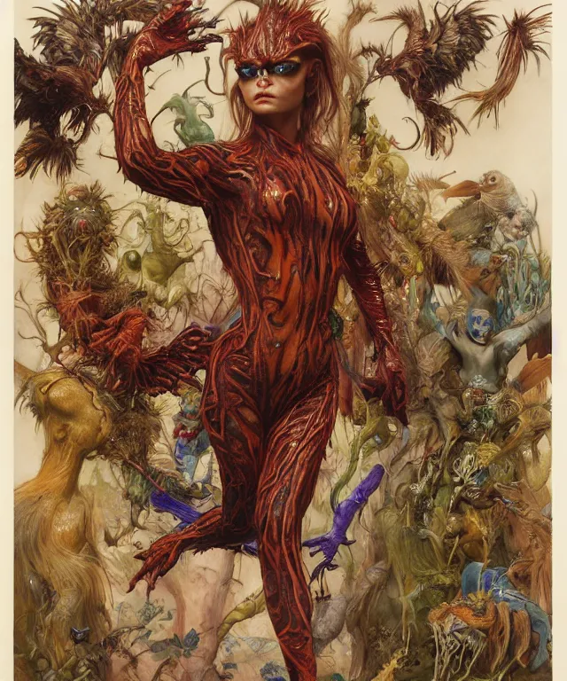 Prompt: a portrait photograph of a mutated harpy super villian with slimy skin and feathers. she looks like sadie sink and is trying on a colorful infected bulbous shiny organic catsuit. by donato giancola, hans holbein, walton ford, gaston bussiere, peter mohrbacher and brian froud. 8 k, cgsociety, fashion editorial