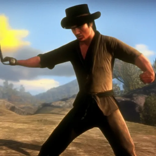 Prompt: Film still of Bruce Lee, from Red Dead Redemption 2 (2018 video game)