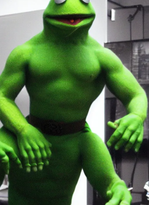 Image similar to Kermit the frog dressed as hulk”, detailed