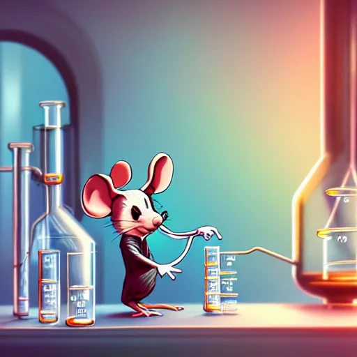 Prompt: anthropomorphic mouse performing a chemistry experiment, in a cluttered lab, lots of beakers, illustration, cyberpunk, sci - fi fantasy, intricate, elegant, highly detailed, digital painting, pastel colors, artstation, concept art