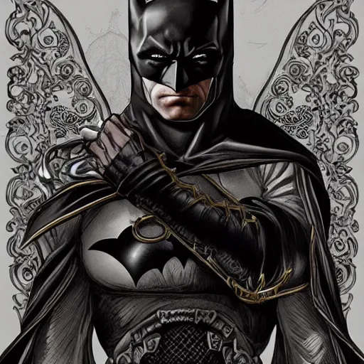 Image similar to portrait of batman, baroque style, elegant, beautiful, mesmerizing, concept art, fancy clothing, highly detailed, artstation, behance, deviantart, inspired by innocent manga, inspired by castlevania concept art, trending, ayami kojima, shinichi sakamoto