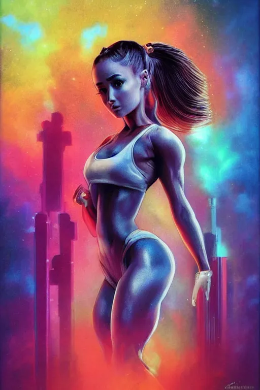 Image similar to body builder ariana grande, in the style of johan grenier and john picacio and alan m. clark, trending on artstation, bioluminescence tilt - shift blade runner 2 0 4 9, crayon art, futuresynth, splash art, post - minimalism