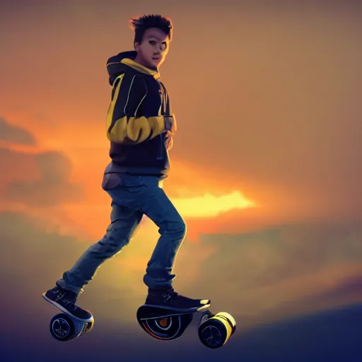 Image similar to film still of a teenage boy riding a hoverboard through the sky, sunset, golden hour, clouds. golden ratio. cinematic volumentric lighting space. octane render. concept art. trending on artstation