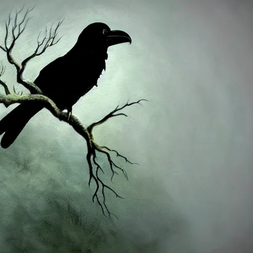 Prompt: fantasy painting of a raven by the blair witch project | horror themed | creepy