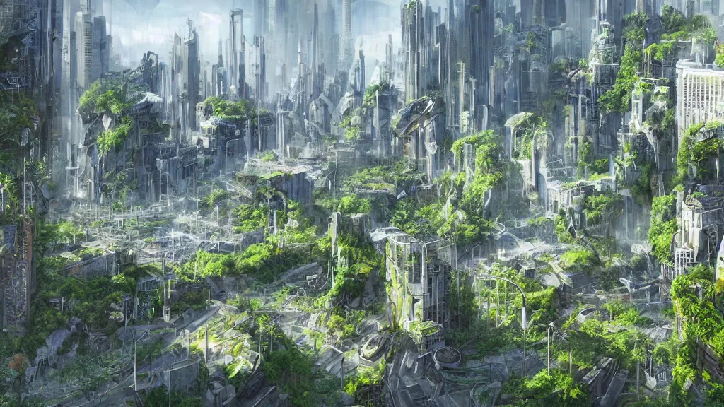 Image similar to an environmental concept art of a lush city in the year 2 0 5 0, highly detailed, realistic