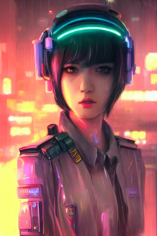 Prompt: portrait futuristic kawaii cyberpunk female police, in heavy rainning futuristic tokyo rooftop cyberpunk night, ssci-fi, fantasy, intricate, very very beautiful, elegant, neon light, highly detailed, digital painting, artstation, concept art, soft light, hdri, smooth, sharp focus, illustration, art by tian zi and craig mullins and WLOP and alphonse mucha