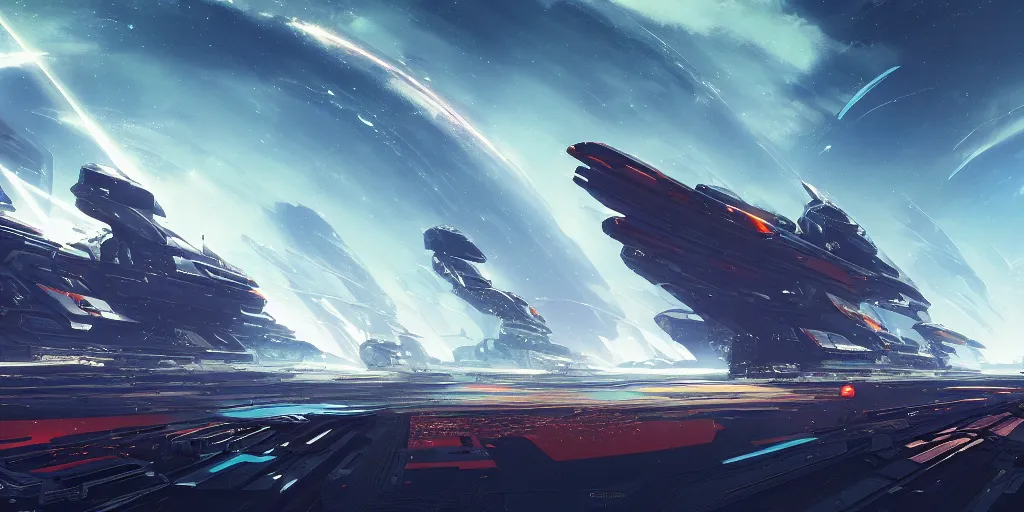 Image similar to spaceship battle panorama by Sparth and Joan Piqué Llorens, background giant planet, detailed, artstation, deviantart, cgsociety