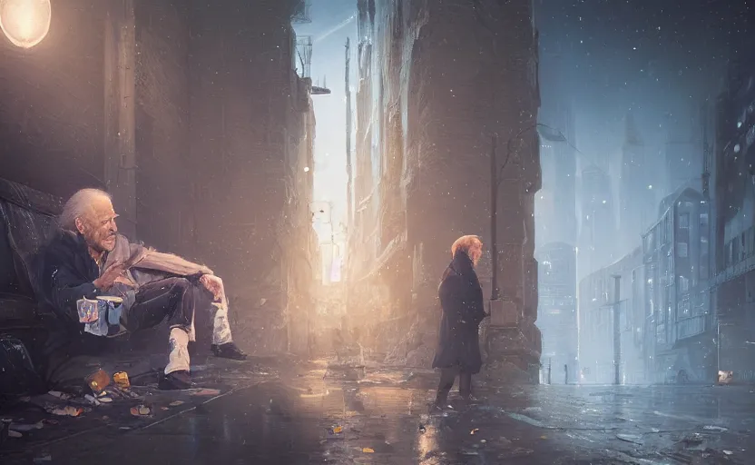 Image similar to highly detailed portrait of joe biden as a homeless, conversing with himself, stephen bliss, unreal engine, fantasy art by greg rutkowski, loish, rhads, ferdinand knab, makoto shinkai and lois van baarle, ilya kuvshinov, rossdraws, tom bagshaw, global illumination, radiant light, detailed and intricate environment