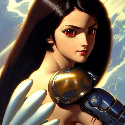 Image similar to battle angel Alita, dark fantasy, medium shot, intricate, elegant, highly detailed, digital painting, volumetric light, artstation, concept art, smooth, sharp focus, illustration, art by Gil Elvgren and Greg Rutkowski and Alphonse Mucha