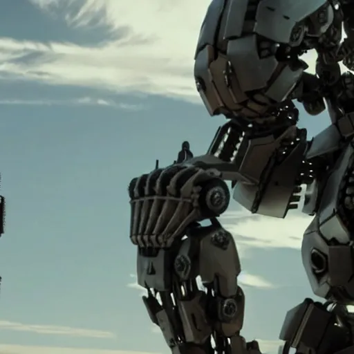 Image similar to cinematic still from westworld and real steel, very close shot of intricate ornate armored core upper body by fujioka kenki and by mamoru nagano,