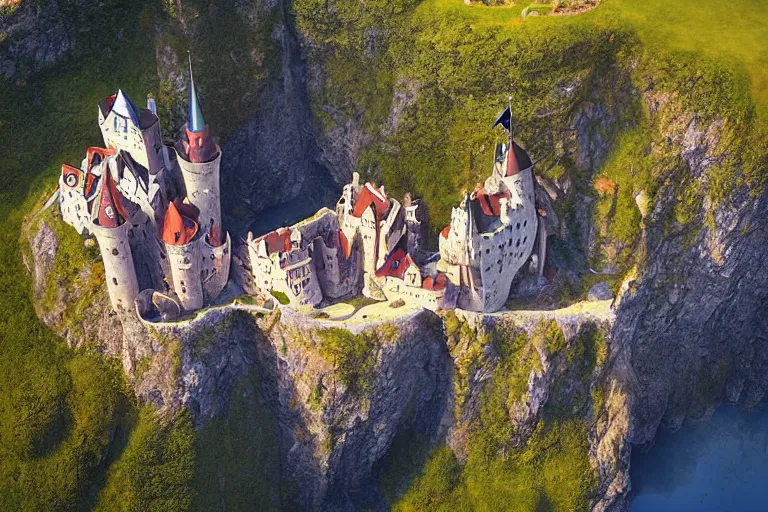 Prompt: an enchanting castle on a cliff by gediminas pranckevicius, overlooking a beautiful landscape, aerial view