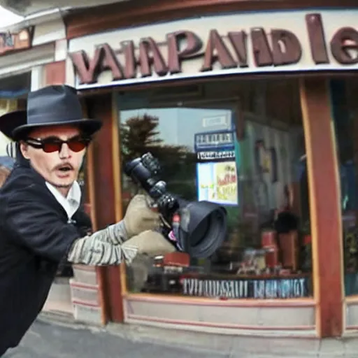 Image similar to paparazzi photo of Johnny Depp robbing a small business, wide angle, fisheye, uhd, 8k, award winning,