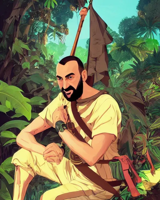 Image similar to portrait of karim benzema as a spanish conquistador in a jungle, by nicola saviori, charles williams and kilian eng, studio ghibli color scheme, highly detailed, rim light, cinematic lighting, illustration, art, octane render, very coherent, cinematic, hyper realism, high detail, 8 k