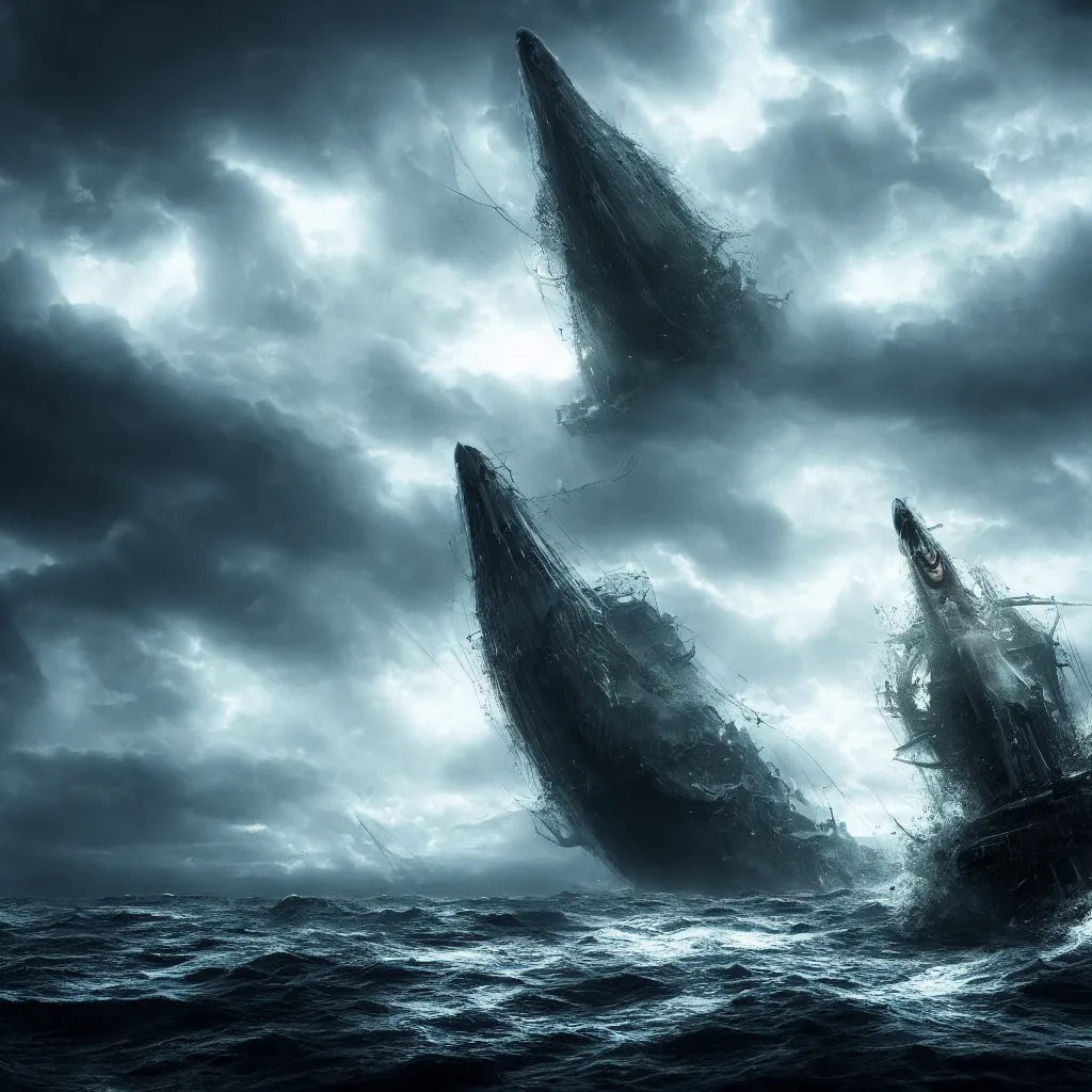 Prompt: a sea monster attacks one ship in a storm, dark and mysterious, stopped in time, atmospheric, ominous, eerie, cinematic, Epic, 8k, 4k, ultra detail, ultra realistic