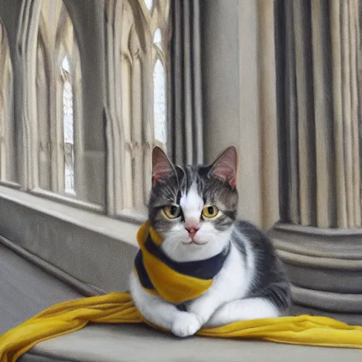 Image similar to oil painting extreme wide shot of a [ white and grey tabby cat ] wearing a [ hufflepuff scarf ], in the gloucester cathedral cloisters