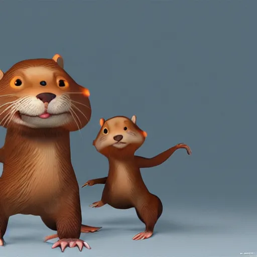 Image similar to character set, concept art, otters playing, 3 d render, pixar, dreamworks,