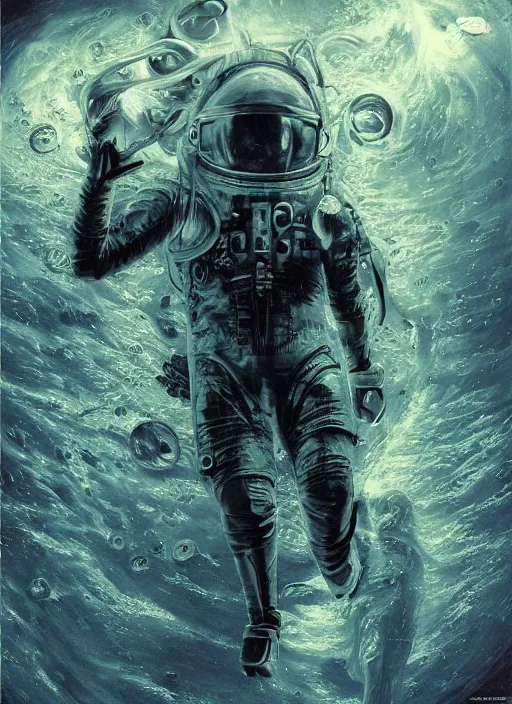 Image similar to astronaut in dark void underwater - complex and hyperdetailed technical suit design. reflection and dispersion materials. rays and dispersion of light. volumetric light. f / 3 2. noise film photo. flash photography. ultra realistic, 5 0 mm. poster by wayne barlowe, hajime sorayama aaron horkey, craig mullins