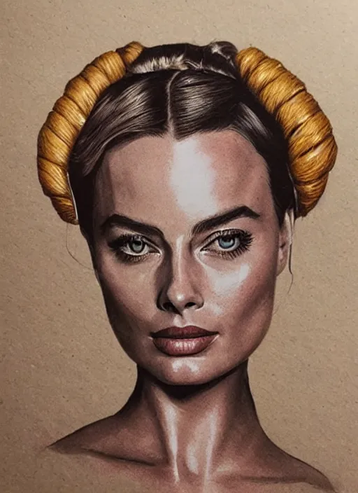 Image similar to Margot Robbie as Princess Leia, by artgerm, beautiful, mixed media on toned paper, 2021, very detailed, coffee art