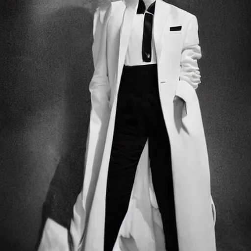 Image similar to stunning portrait of androgynous ruby rose as desire from sandman in a white tuxedo!!!, rockabilly style, by gregory crewdson, by alphonse mucha, by jeremy mann, by peter lindbergh, dave mckean, white suit and black tie, soft lightning, high detailed, 8 k