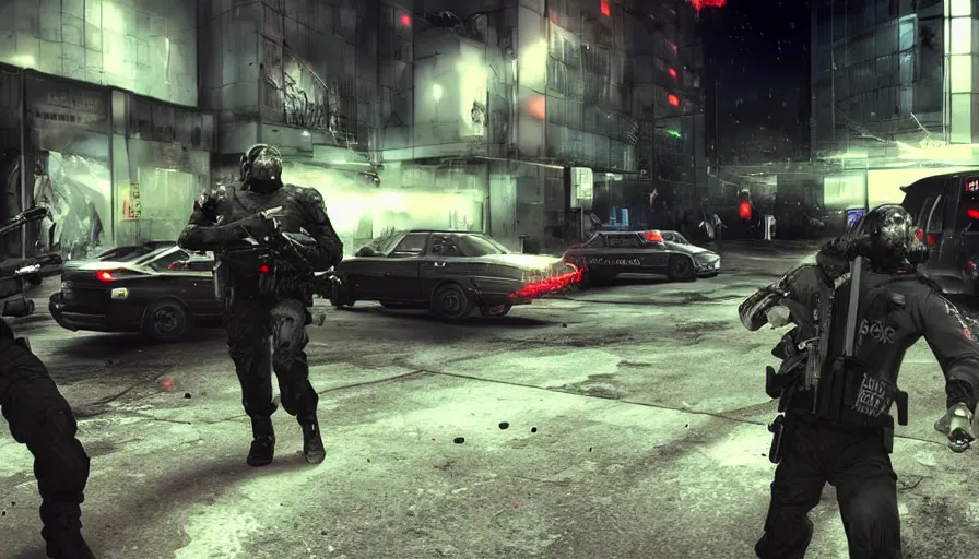 Image similar to 2020 Video Game Screenshot, Anime Neo-tokyo Cyborg bank robbers vs police, Set inside of the Bank, Open Vault, Multiplayer set-piece Ambush, Tactical Squads :19, Police officers under heavy fire, Police Calling for back up, Bullet Holes and Realistic Blood Splatter, :6 Gas Grenades, Riot Shields, Large Caliber Sniper Fire, Chaos, Metal Gear Solid Anime Cyberpunk, Akira Anime Cyberpunk, Anime Bullet VFX, Anime Machine Gun Fire, Violent Action, Sakuga Gunplay, Shootout, :14 Inspired by the film Akira :19 , Inspired by Intruder :11 by Katsuhiro Otomo: 19, 🕹️ 😎 🚬