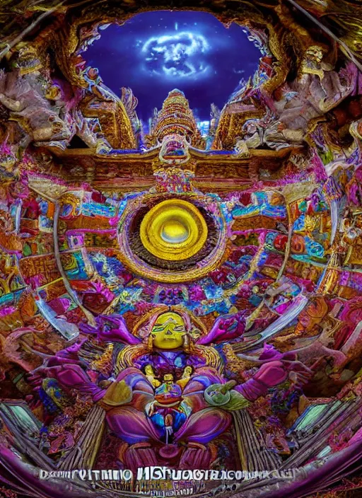 Image similar to breathtakingly beautiful ultrawide angle colour masterpiece weird dream, low angle view from inside a hindu temple, hindu goddess close shot, strange beautiful derelict temple, incredible sense of depth and perspective and clarity, arch, symmetry symmetrical, h. r. giger and alex grey and hiroshi yoshida and moebius and studio ghibli, 8 k