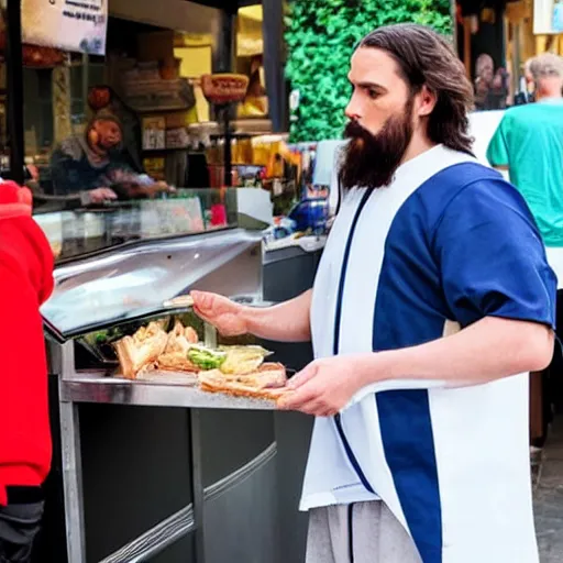 Prompt: Jesus buying a fish sandwich with cash, biblical scene