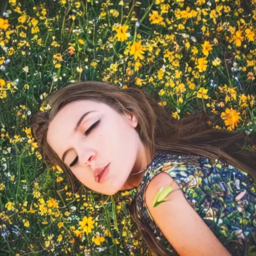 Image similar to girl laying down in the lawn full of flowers that smells like honey amongst forest with her soul connected to the nature around her