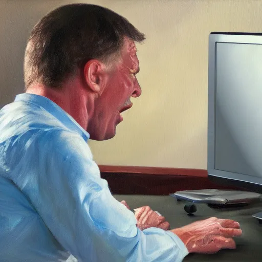 Image similar to an angry man yells at his computer monitor, oil on canvas, highly detailed, high resolution