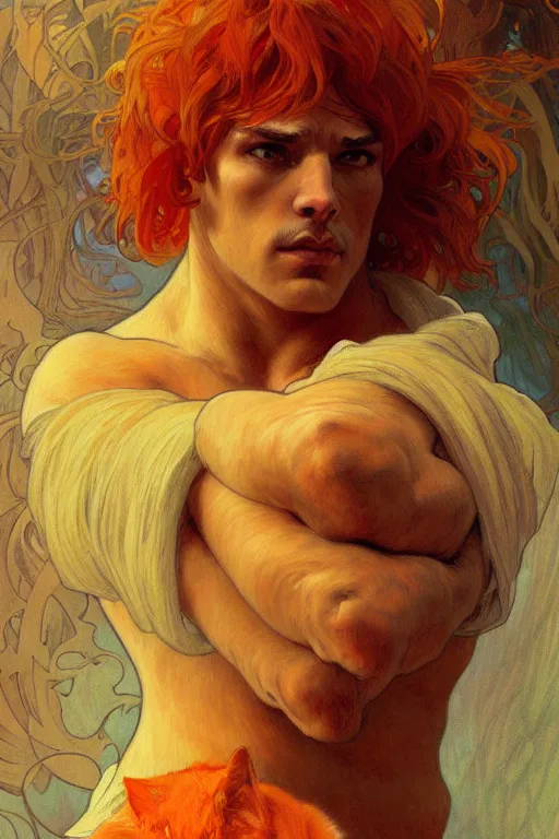 Image similar to painted portrait of rugged fat orange cat, masculine, powerful, handsome, upper body, white robe, fantasy, intricate, elegant, highly detailed, digital painting, artstation, concept art, smooth, sharp focus, illustration, art by gaston bussiere and alphonse mucha