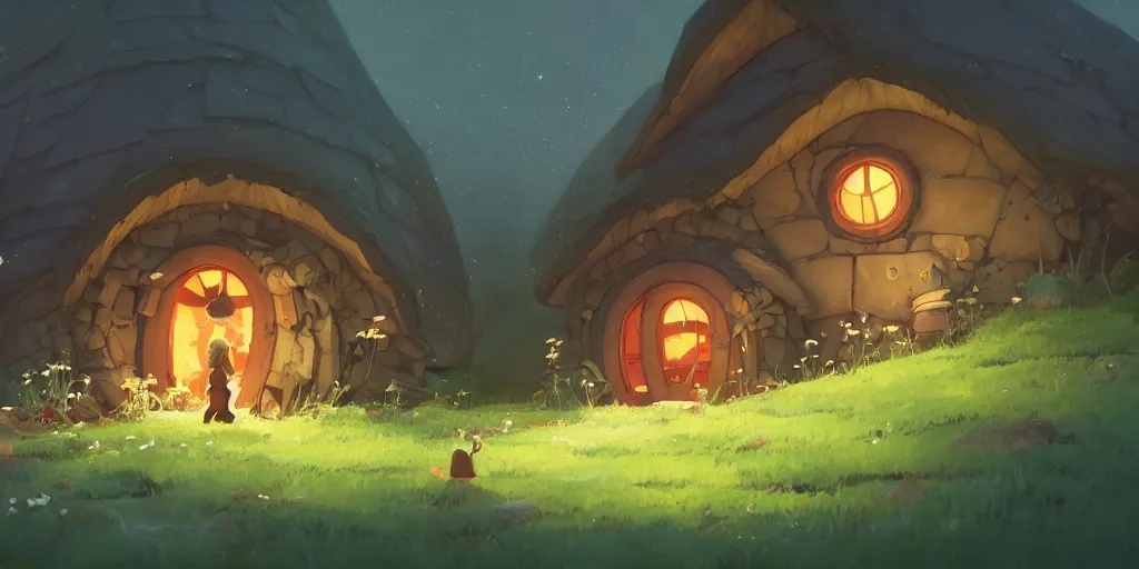 Prompt: small hobbit mushroom houses by cory loftis & akihiko yoshida & james gilleard & atey ghailan & makoto shinkai & goro fujita & studio ghibli, rim light, exquisite lighting, clear focus, magic atmosphere, lights, night, very coherent, plain background, soft painting, photorealistic, unreal engine 5, 4 k