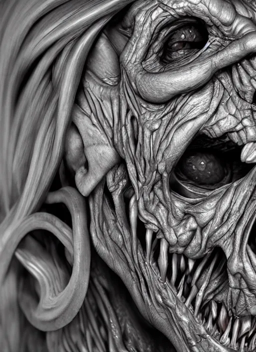 Prompt: monster anatomy face, closeup, dom qwek, john howe, anatomical, highly detailed sculpture, intricate detailed, ommatidia, 8 k, cinematic atmosphere, post - processing