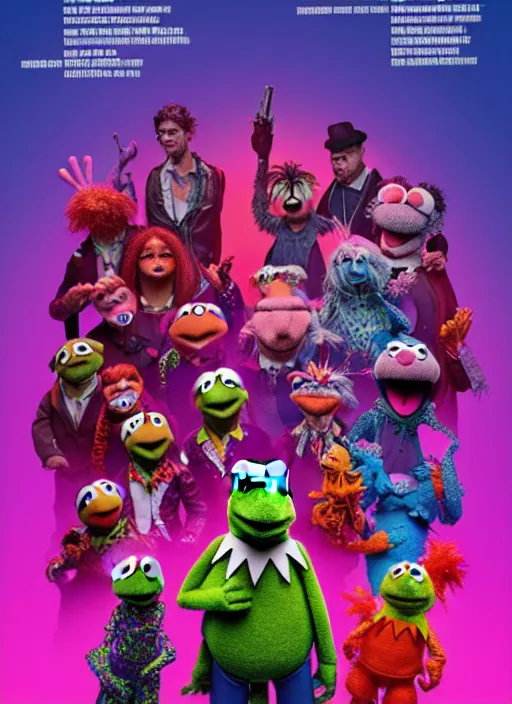 Image similar to The Muppet Show cast portrait photo, Cyberpunk 2049, highly detailed, pop art poster, vector art, Unreal engine, Octane render, Weta digital, HDRP, RTX, volumetric lighting, poster artwork by Michael Whelan and Tomer Hanuka