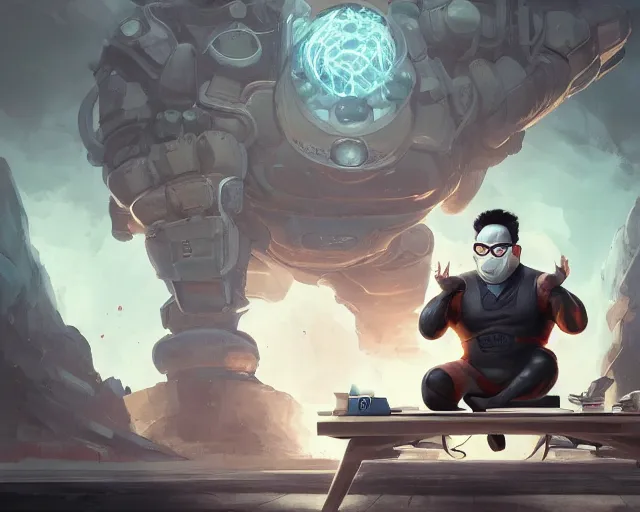 Image similar to an insanely detailed painting of a slightly chubby, nerdy asian man wearing a superhero costume and mask, sitting at a desk, staring at the nervously at the computer and typing, in the style of peter mohrbacher, dramatic lighting and composition, octane render, trending on artstation, concept art, comic book, view from behind