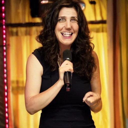 Image similar to 3 8 - year - old, short height, standup comedian, female, jewish irish and italian descent, thin, on stage, laughing, telling jokes