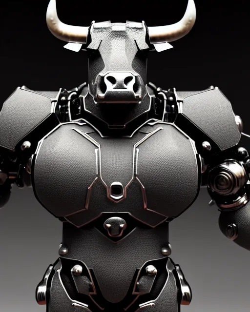 Image similar to a full body shot of an imposing cyborg bull modeled after a bull looking into the camera, contrast lighting, black skin!!!, intricate pattern, hard rubber chest, highly detailed, android, cyborg, full body shot, intricate, 3 d, symmetrical, octane render, fantasy, highly detailed, digital art, artstation, strong bokeh, black face