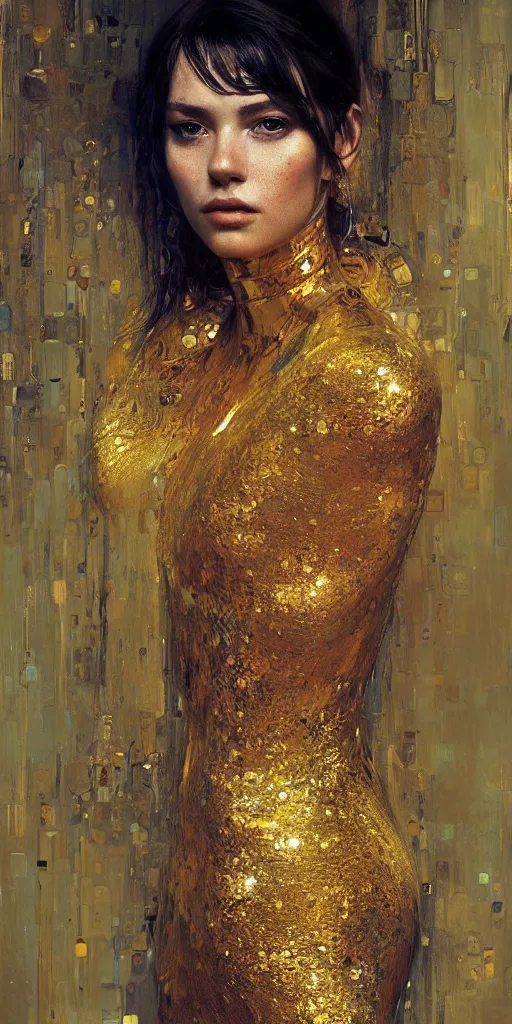 Prompt: an intricate portrait painting of an artistic pose young beautiful lady covered in klimt golden motives and textures, hyper - detailed, octane render, vivid colors, artstation, by jeremy mann, by gustav klimt