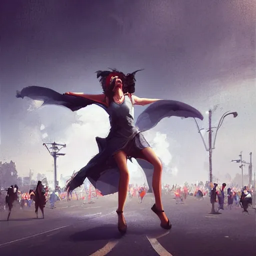 Prompt: A handsome woman, dancing in the middle of an intersection, stopping peak hour traffic, digital art, fantasy art by Greg Rutkowski